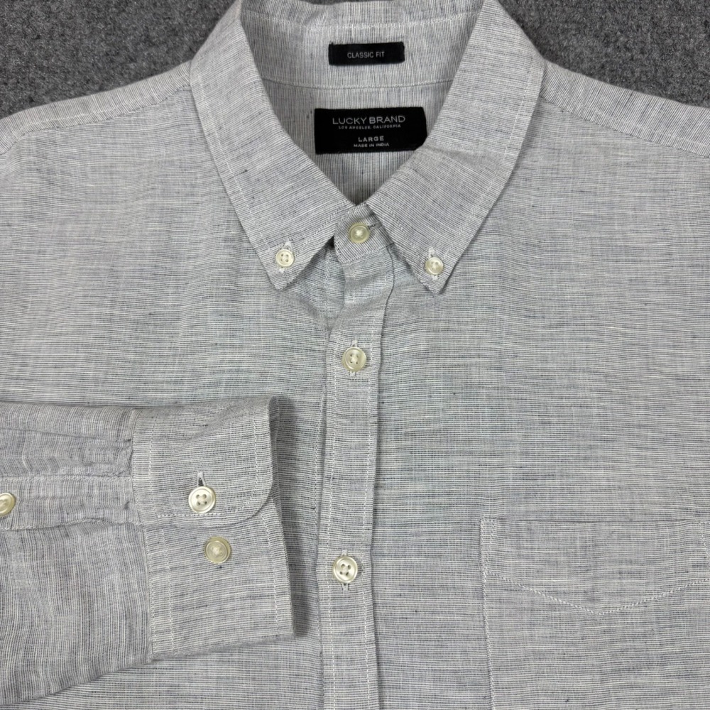 Lucky Brand Mens Classic Fit Button Down Shirt Grey White Textured Large